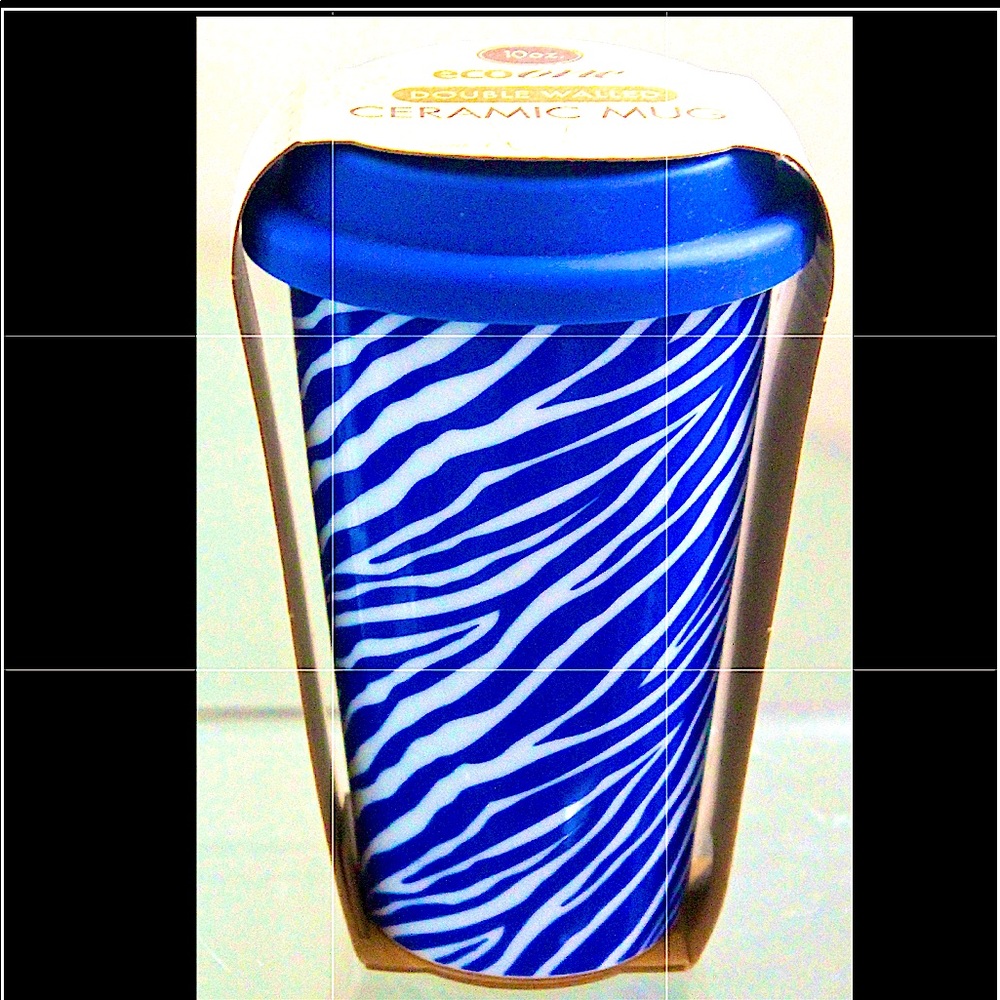ECO ONE REUSE ME TRAVEL MUG ZEBRA ROYAL BLUE SILICON LID COFFEE 10 OZ